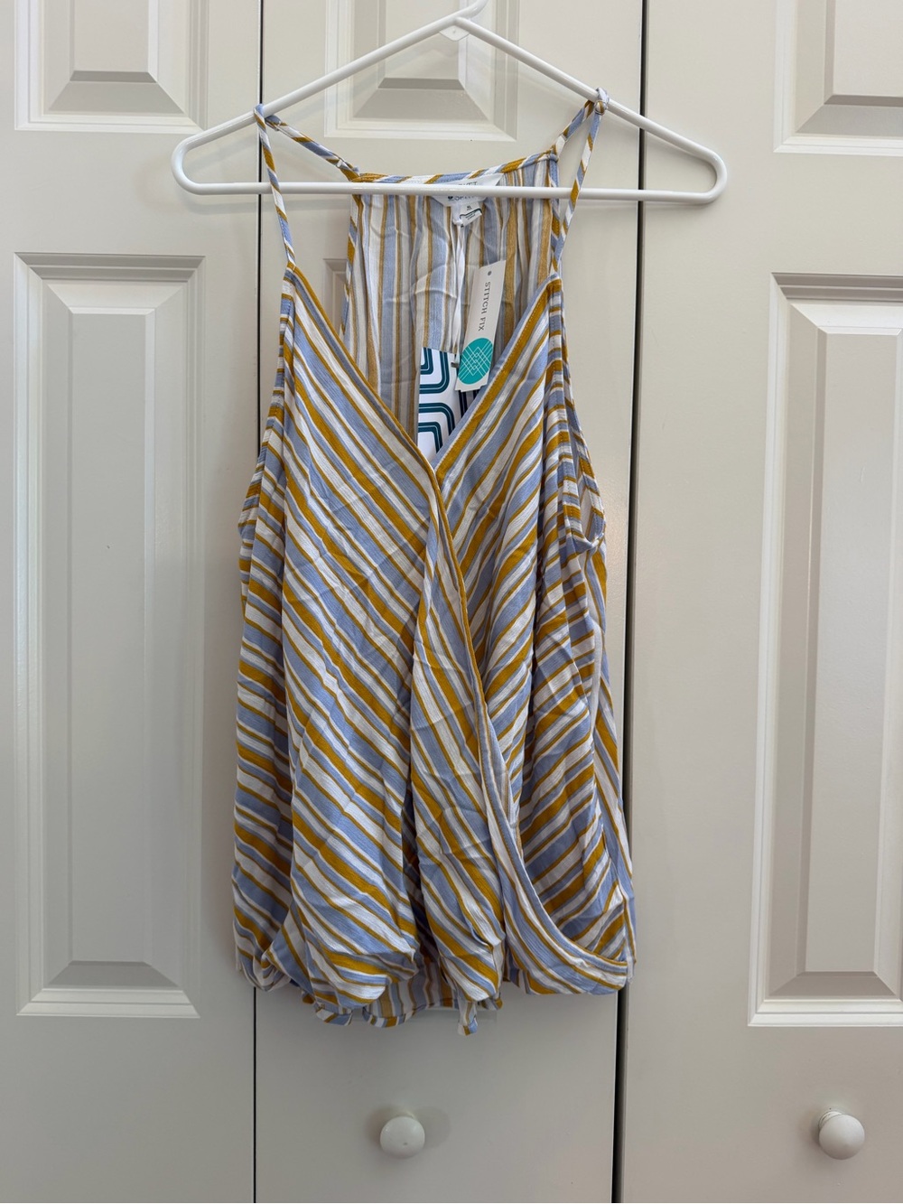 Market & Spruce Mac Surplice Top - Mustard, Blue & White - Size XL NWT